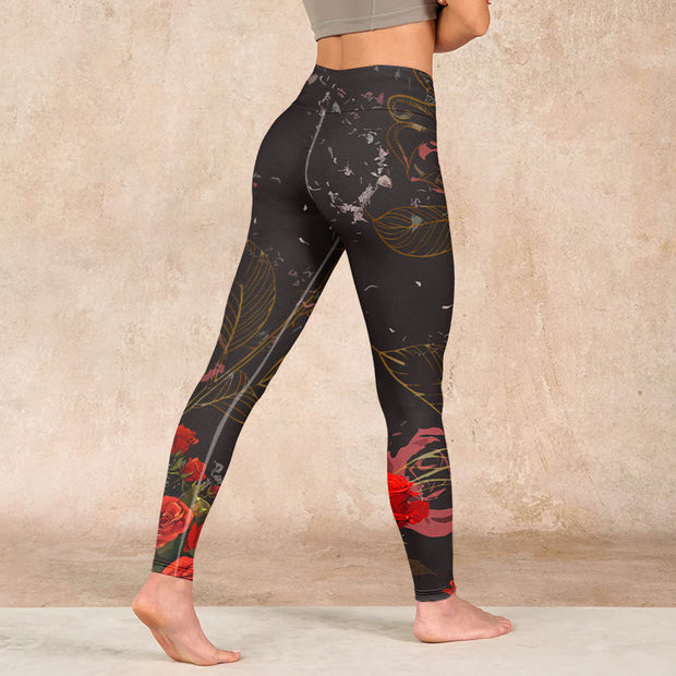 Buddha Stones Red Roses Print Gym Leggings Women's Yoga Pants Leggings BS 4