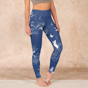 Buddha Stones Blue Rose Butterfly Print Sports Leggings Women's Yoga Pants