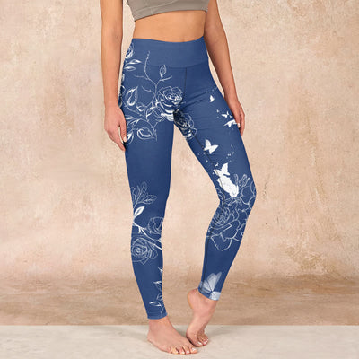 Buddha Stones Blue Rose Butterfly Print Sports Leggings Women's Yoga Pants Leggings BS SteelBlue US18，UK/AU22，EU50 (4XL)