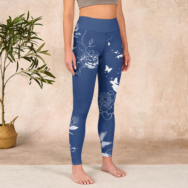 Buddha Stones Blue Rose Butterfly Print Sports Leggings Women's Yoga Pants - image 4