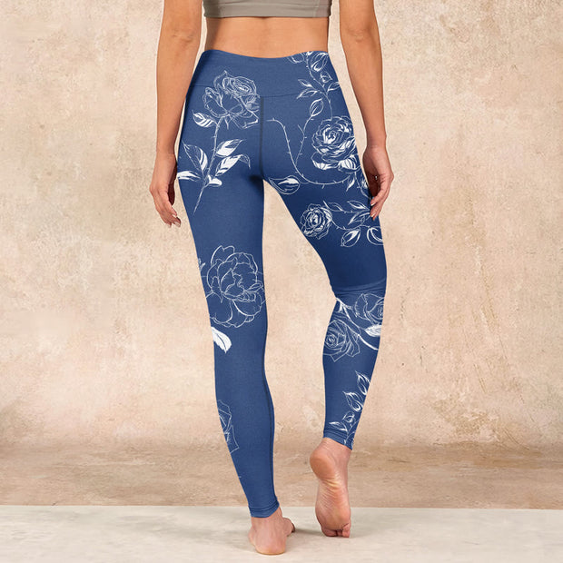 Buddha Stones Blue Rose Butterfly Print Sports Leggings Women's Yoga Pants