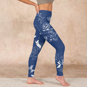 Buddha Stones Blue Rose Butterfly Print Sports Leggings Women's Yoga Pants Leggings BS 17