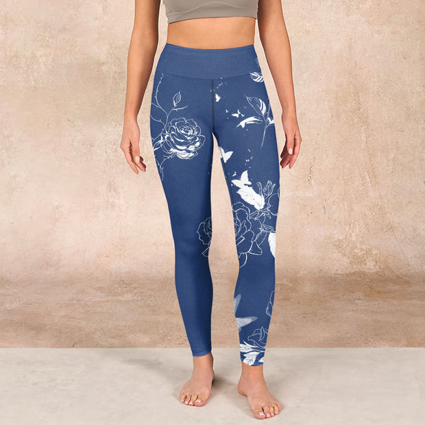 Buddha Stones Blue Rose Butterfly Print Sports Leggings Women's Yoga Pants - image 2