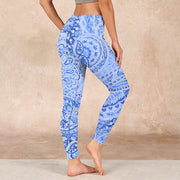 Buddha Stones Persian Style RoyalBlue White Flowers Pattern Print Exercise Leggings Women's Yoga Pants