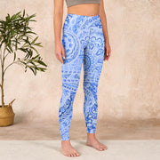 Buddha Stones Persian Style RoyalBlue White Flowers Pattern Print Exercise Leggings Women's Yoga Pants