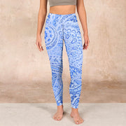 Buddha Stones Persian Style RoyalBlue White Flowers Pattern Print Exercise Leggings Women's Yoga Pants