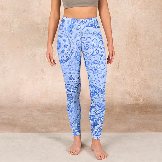 Buddha Stones Persian Style RoyalBlue White Flowers Pattern Print Exercise Leggings Women's Yoga Pants