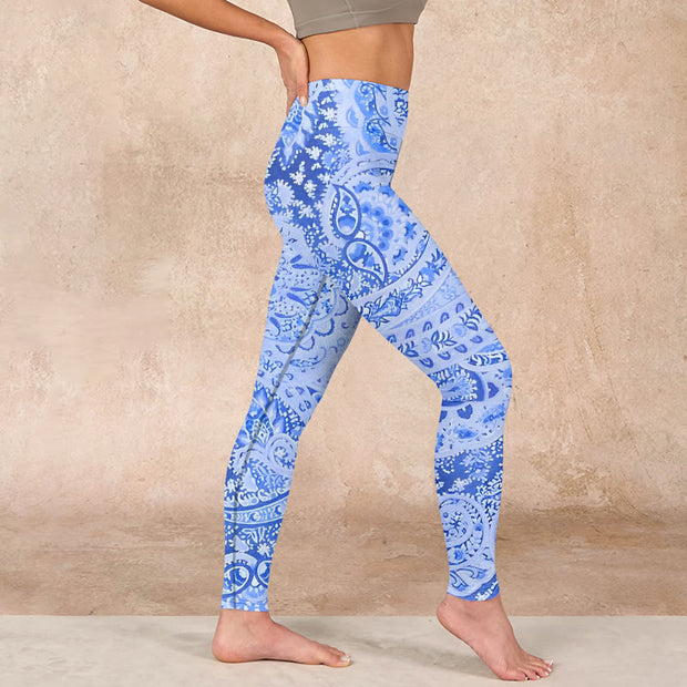 Buddha Stones Persian Style RoyalBlue White Flowers Pattern Print Exercise Leggings Women's Yoga Pants Leggings BS 17