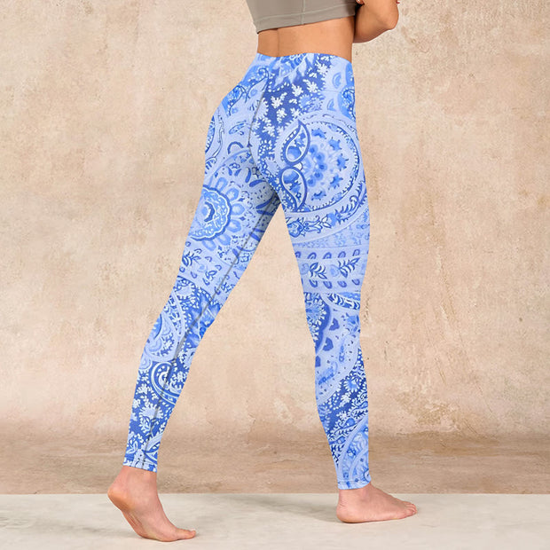 Buddha Stones Persian Style RoyalBlue White Flowers Pattern Print Exercise Leggings Women's Yoga Pants