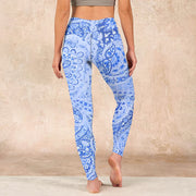 Buddha Stones Persian Style RoyalBlue White Flowers Pattern Print Exercise Leggings Women's Yoga Pants