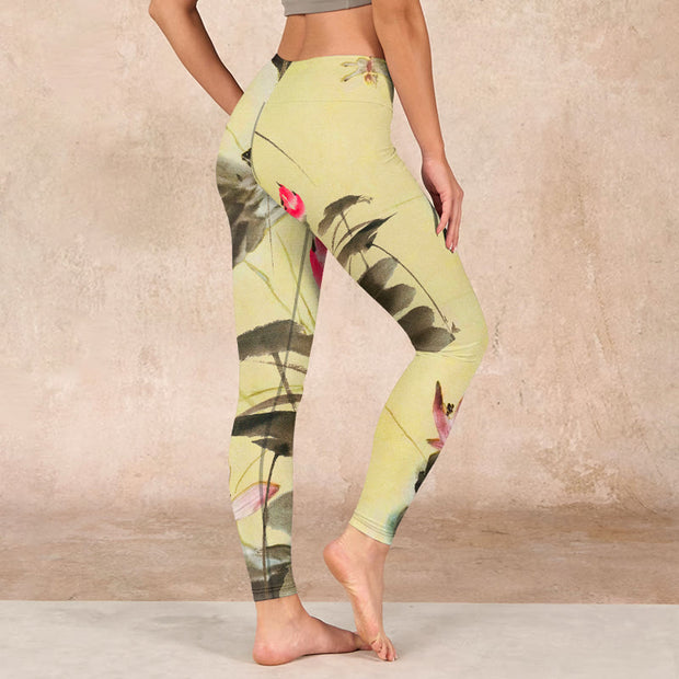 Buddha Stones Pink Blooming And Unbloomed Lotus Print Gym Leggings Women's Yoga Pants