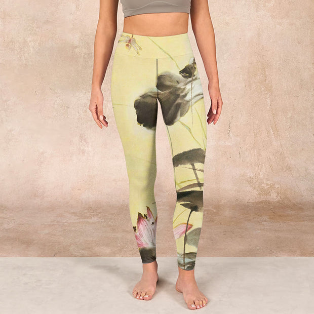 Buddha Stones Pink Blooming And Unbloomed Lotus Print Gym Leggings Women's Yoga Pants - image 2