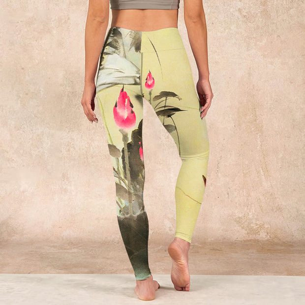 Buddha Stones Pink Blooming And Unbloomed Lotus Print Gym Leggings Women's Yoga Pants - image 15