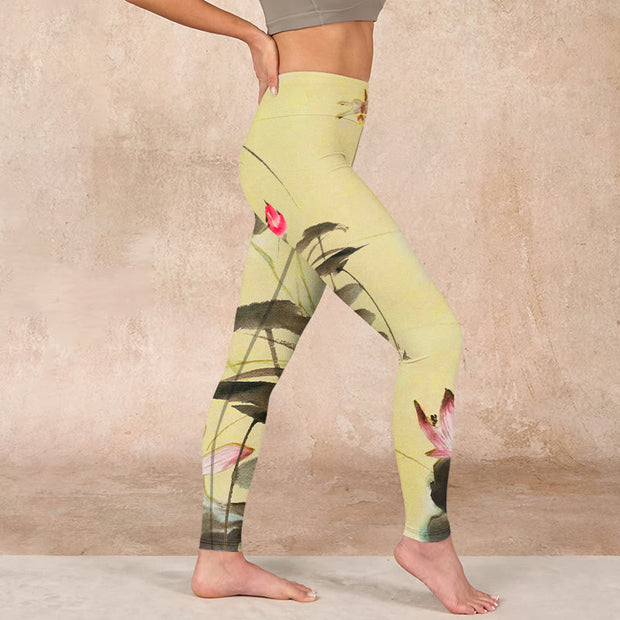 Buddha Stones Pink Blooming And Unbloomed Lotus Print Gym Leggings Women's Yoga Pants Leggings BS 17