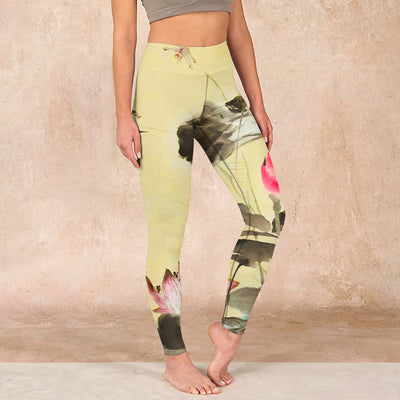 Buddha Stones Pink Blooming And Unbloomed Lotus Print Gym Leggings Women's Yoga Pants - Yellow - US18，UK/AU22，EU50 (4XL) - image 1