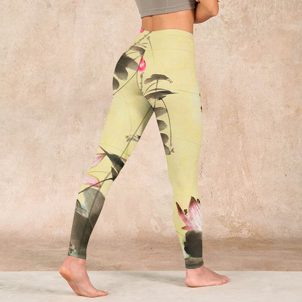 Buddha Stones Pink Blooming And Unbloomed Lotus Print Gym Leggings Women's Yoga Pants Leggings BS 4