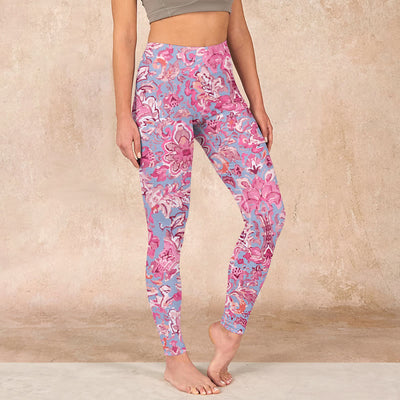 Buddha Stones Pink Flowers Print Gym Fitness Leggings Women's Yoga Pants - HotPink - US18，UK/AU22，EU50 (4XL) - image 1