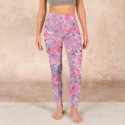 Buddha Stones Pink Flowers Print Gym Fitness Leggings Women's Yoga Pants