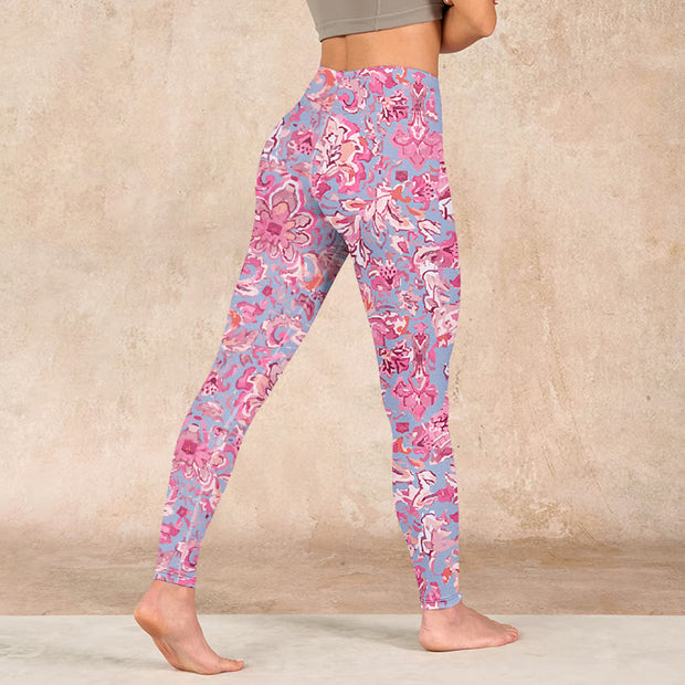 Buddha Stones Pink Flowers Print Gym Fitness Leggings Women's Yoga Pants