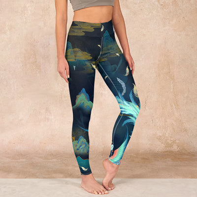Buddha Stones Mountains Phoenix Feather Exercise Leggings Women's Yoga Pants - DarkSlateGray - US18，UK/AU22，EU50 (4XL) - image 1