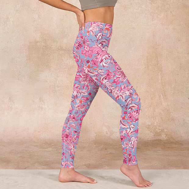 Buddha Stones Pink Flowers Print Gym Fitness Leggings Women's Yoga Pants