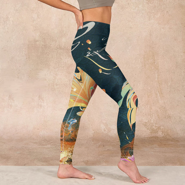 Buddha Stones Dark Slate Gray Double Koi Fish Sky Lantern Tower Exercise Leggings Women's Yoga Pants