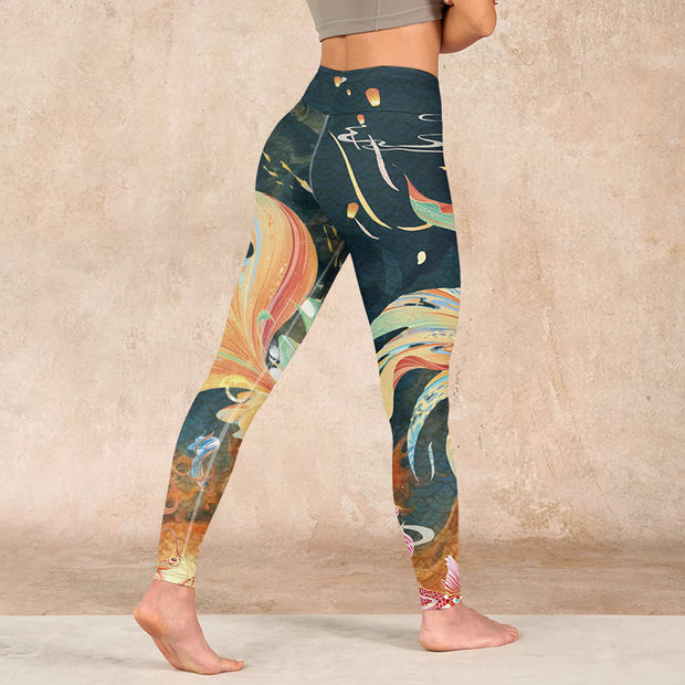 Buddha Stones Dark Slate Gray Double Koi Fish Sky Lantern Tower Exercise Leggings Women's Yoga Pants