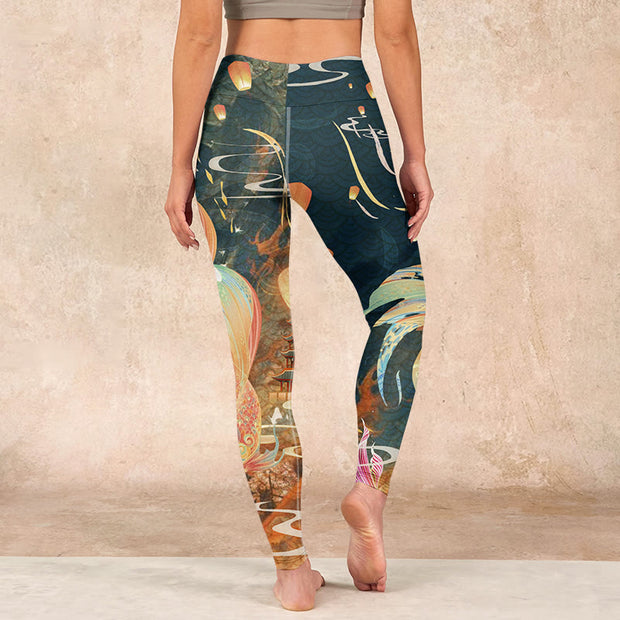 Buddha Stones Dark Slate Gray Double Koi Fish Sky Lantern Tower Exercise Leggings Women's Yoga Pants - image 15