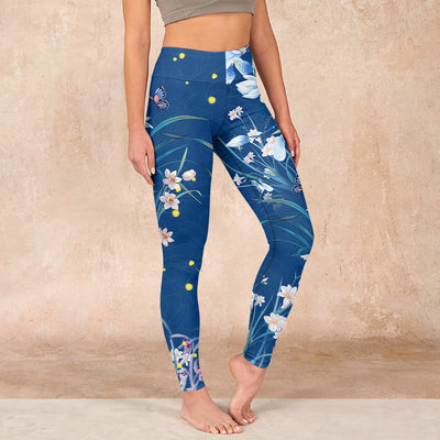 Buddha Stones SteelBlue Small White Flowers Butterfly Exercise Leggings Women's Yoga Pants - SteelBlue - US18，UK/AU22，EU50 (4XL) - image 1