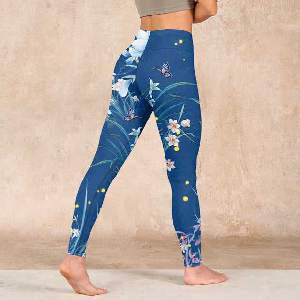Buddha Stones SteelBlue Small White Flowers Butterfly Exercise Leggings Women's Yoga Pants - image 5