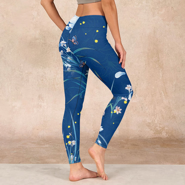 Buddha Stones SteelBlue Small White Flowers Butterfly Exercise Leggings Women's Yoga Pants - image 3