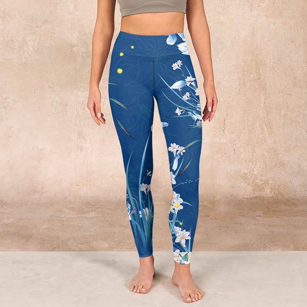 Buddha Stones SteelBlue Small White Flowers Butterfly Exercise Leggings Women's Yoga Pants - image 2
