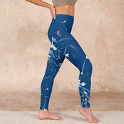 Buddha Stones SteelBlue Small White Flowers Butterfly Exercise Leggings Women's Yoga Pants