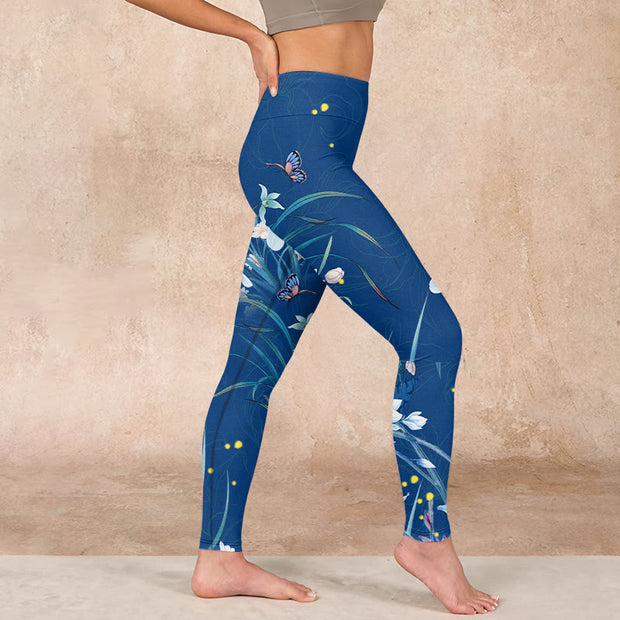 Buddha Stones SteelBlue Small White Flowers Butterfly Exercise Leggings Women's Yoga Pants