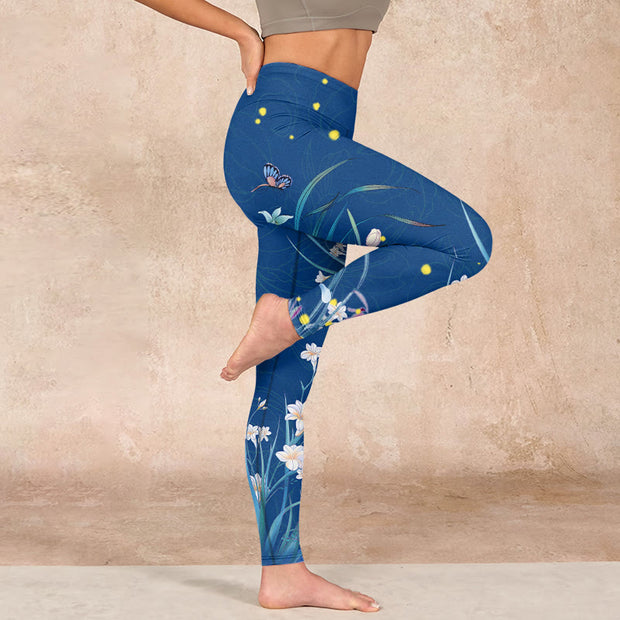 Buddha Stones SteelBlue Small White Flowers Butterfly Exercise Leggings Women's Yoga Pants - image 16