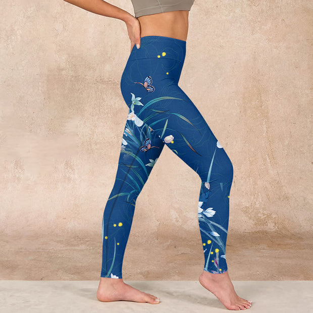 Buddha Stones SteelBlue Small White Flowers Butterfly Exercise Leggings Women's Yoga Pants - image 17