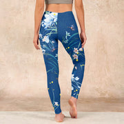 Buddha Stones SteelBlue Small White Flowers Butterfly Exercise Leggings Women's Yoga Pants