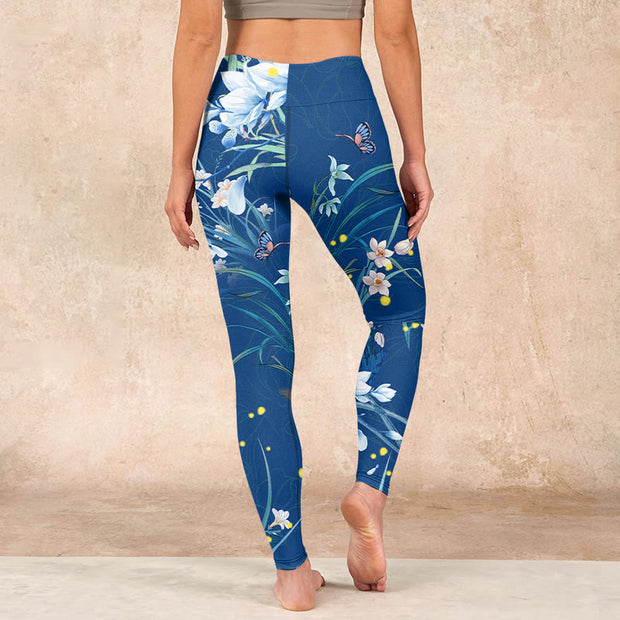 Buddha Stones SteelBlue Small White Flowers Butterfly Exercise Leggings Women's Yoga Pants Leggings BS 15