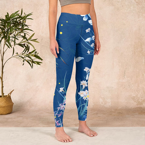 Buddha Stones SteelBlue Small White Flowers Butterfly Exercise Leggings Women's Yoga Pants - image 4
