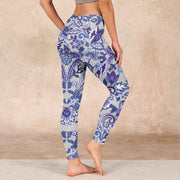 Buddha Stones Purple Flower Leaves Print Gym Fitness Leggings Women's Yoga Pants Leggings BS 2