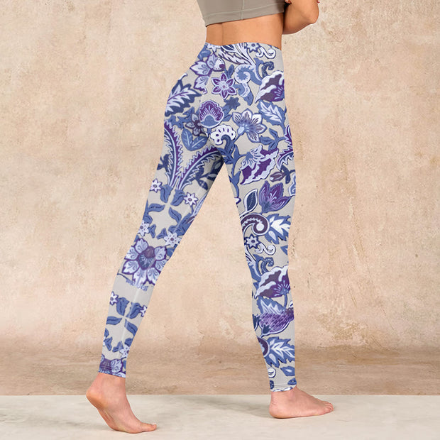 Buddha Stones Purple Flower Leaves Print Gym Fitness Leggings Women's Yoga Pants Leggings BS 4