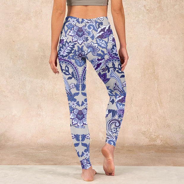 Buddha Stones Purple Flower Leaves Print Gym Fitness Leggings Women's Yoga Pants Leggings BS 17