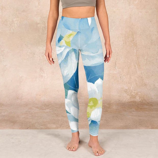 Buddha Stones Blue White Lotus Print Gym Leggings Women's Yoga Pants Leggings BS 1