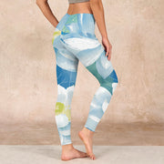 Buddha Stones Blue White Lotus Print Gym Leggings Women's Yoga Pants