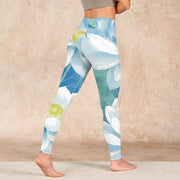 Buddha Stones Blue White Lotus Print Gym Leggings Women's Yoga Pants Leggings BS 4