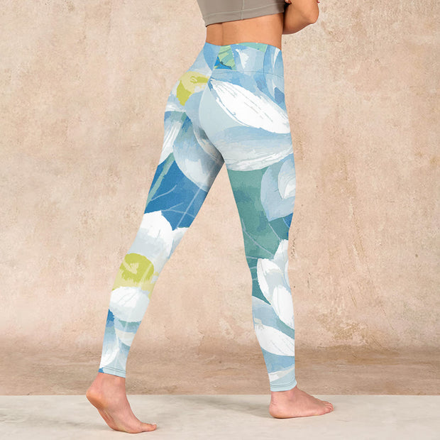 Buddha Stones Blue White Lotus Print Gym Leggings Women's Yoga Pants