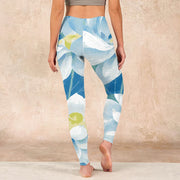 Buddha Stones Blue White Lotus Print Gym Leggings Women's Yoga Pants