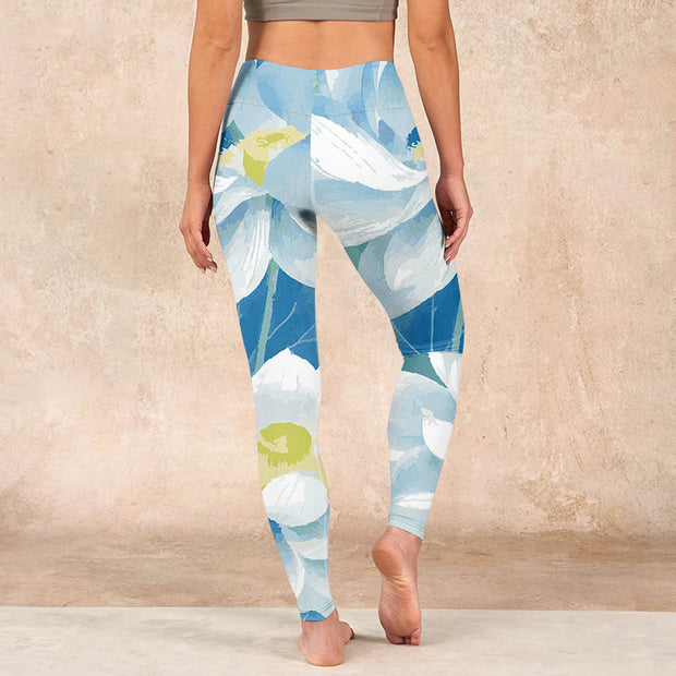 Buddha Stones Blue White Lotus Print Gym Leggings Women's Yoga Pants Leggings BS 15