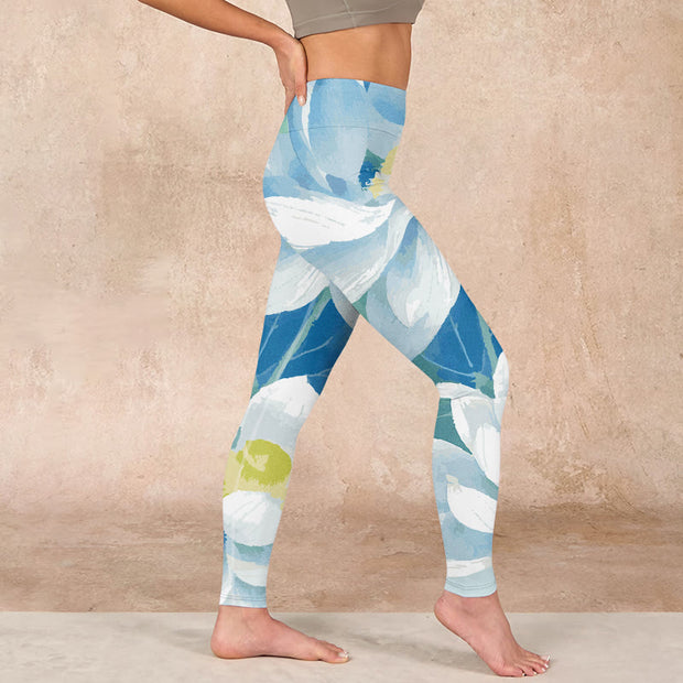 Buddha Stones Blue White Lotus Print Gym Leggings Women's Yoga Pants