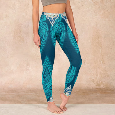 Buddha Stones Green Feather Flower Print Gym Fitness Leggings Women's Yoga Pants Leggings BS CadetBlue US18，UK/AU22，EU50 (4XL)